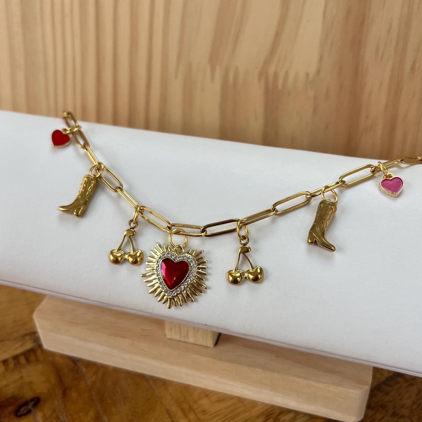 Gold Charm Necklace with Red Heart, Cherries, Boots
