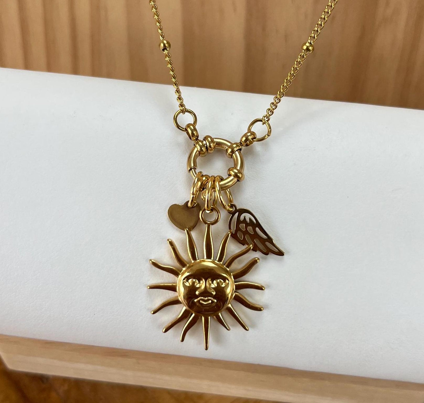 Gold Sun and Angel Wing Dainty Necklace