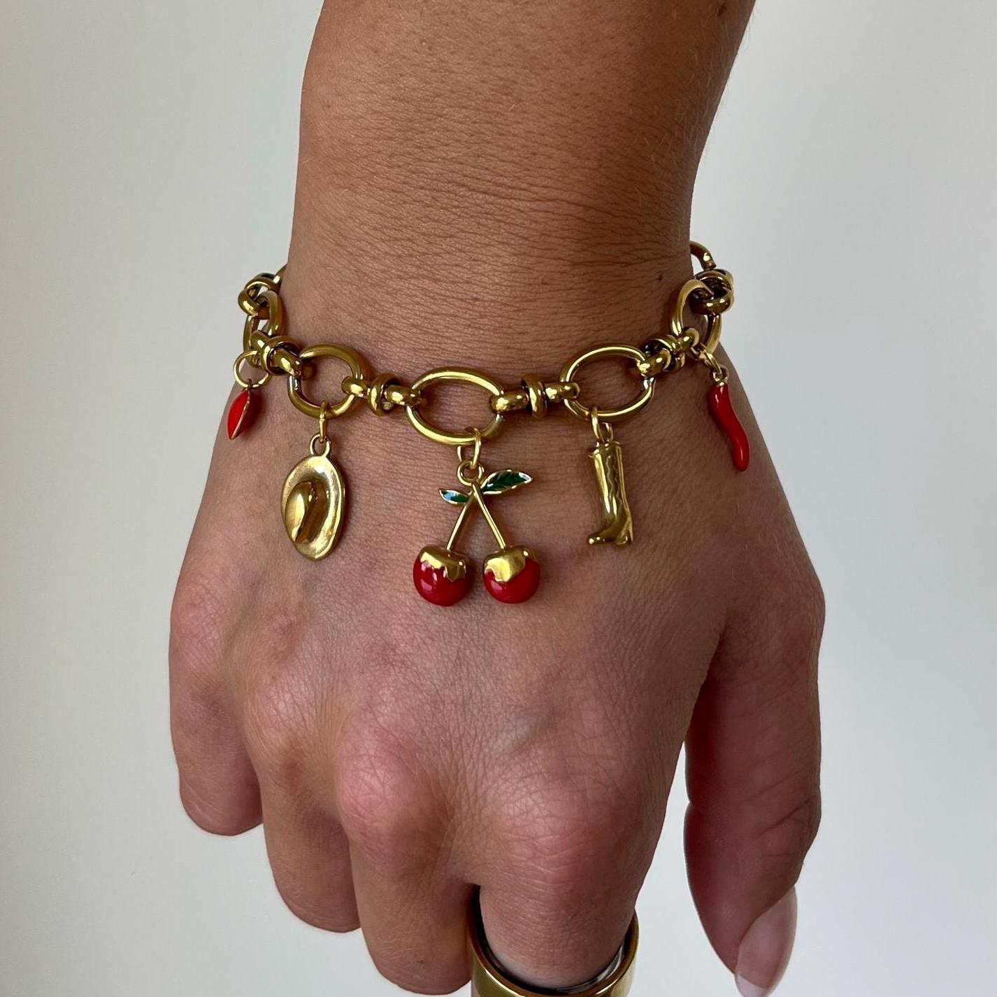 Gold Charm Bracelet with Cherry, Cowboy Hat, Boot Charms