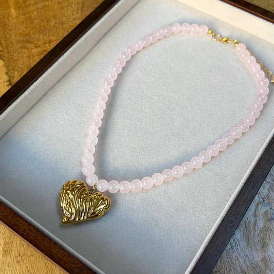 Baby Pink Glass Beaded Necklace with Gold Heart Charm