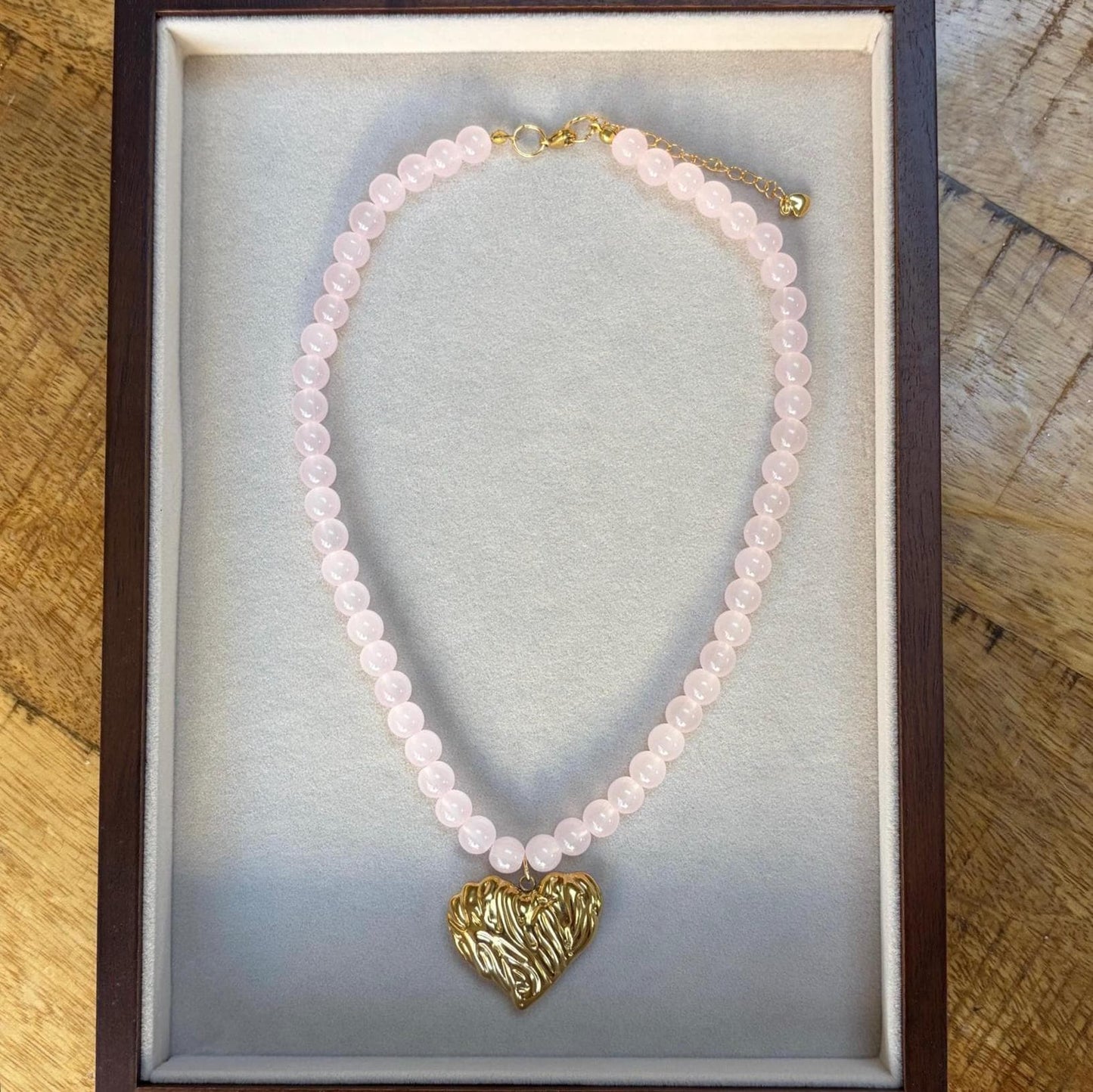 Baby Pink Glass Beaded Necklace with Gold Heart Charm
