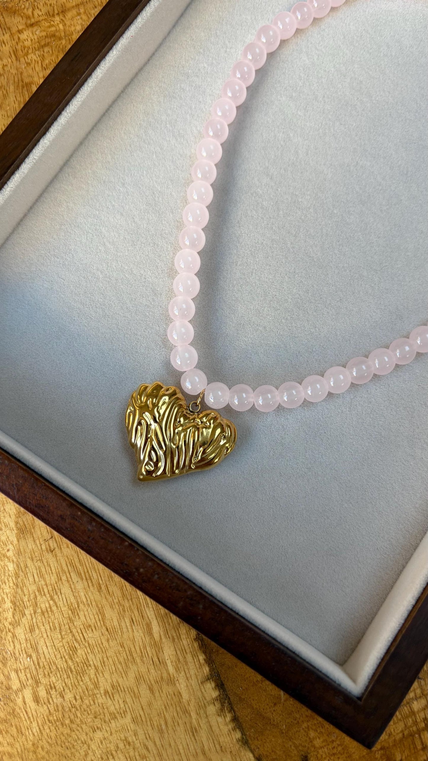 Baby Pink Glass Beaded Necklace with Gold Heart Charm