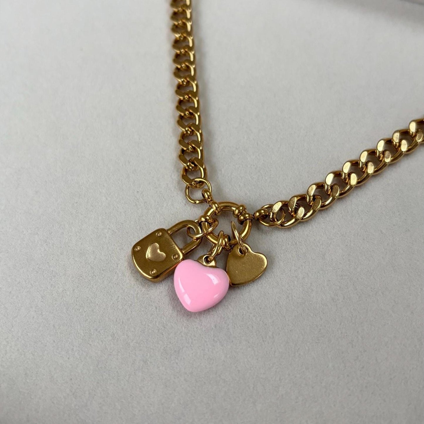 Gold Charm Necklace with Pink Heart and Padlock
