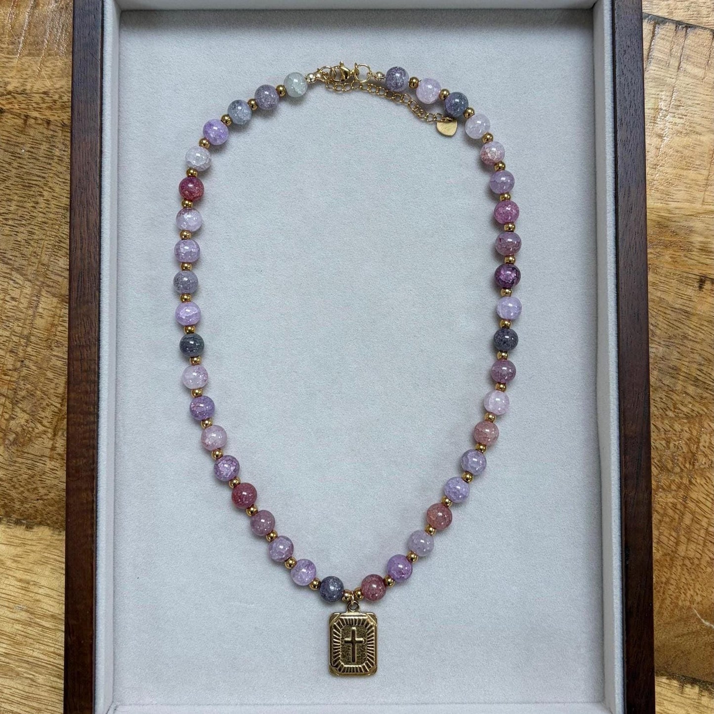 Handmade Purple Glass Beaded Necklace with Gold Cross Charm