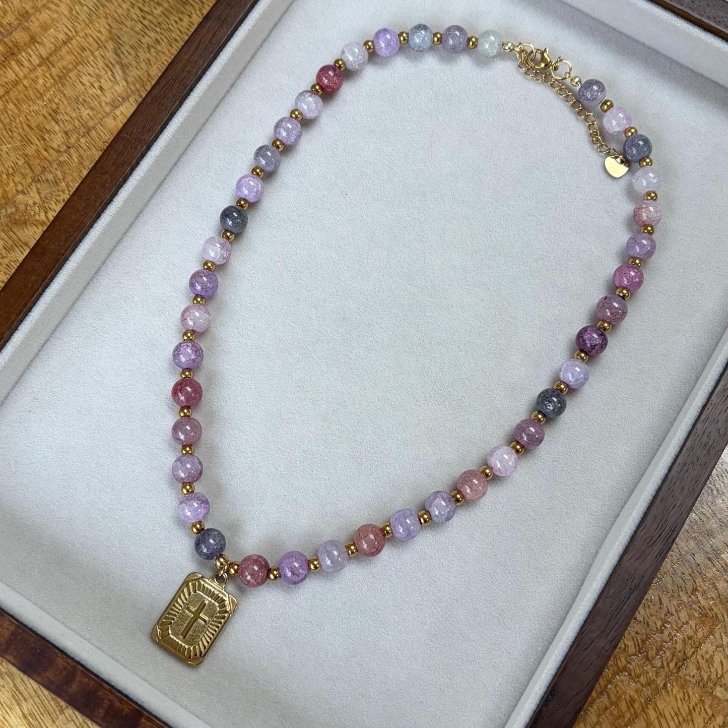 Handmade Purple Glass Beaded Necklace with Gold Cross Charm