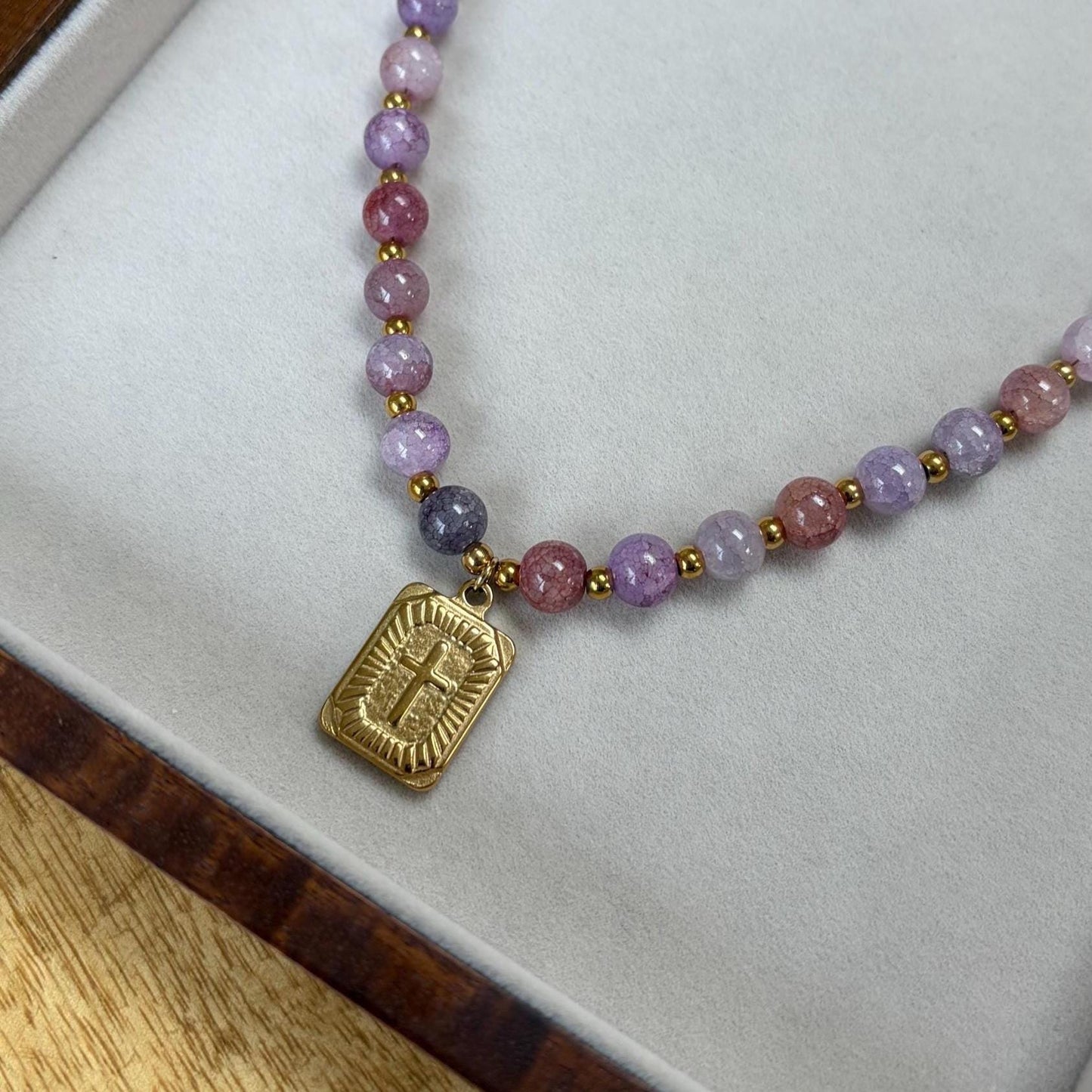 Handmade Purple Glass Beaded Necklace with Gold Cross Charm