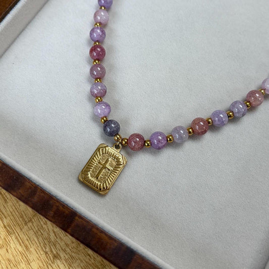 Handmade Purple Glass Beaded Necklace with Gold Cross Charm