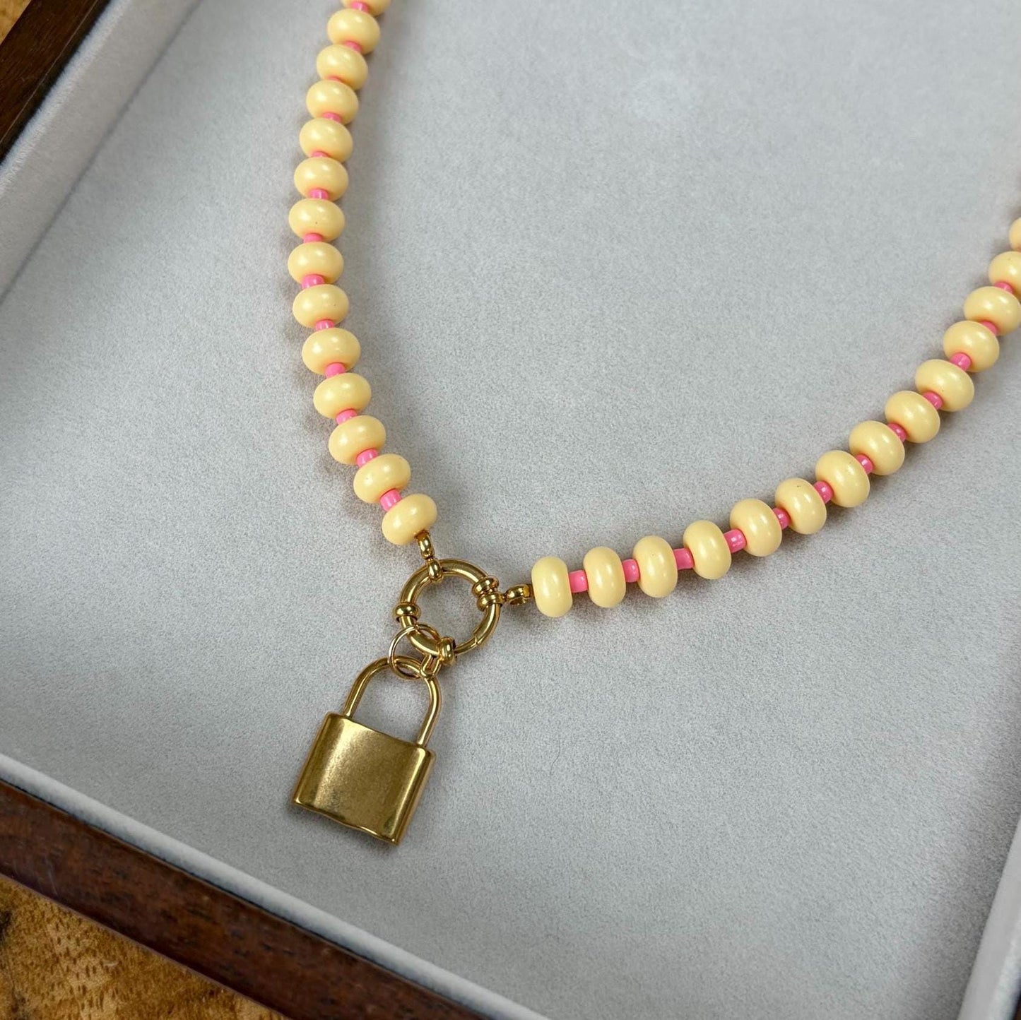 Yellow Pink Beaded Necklace with Padlock Charm