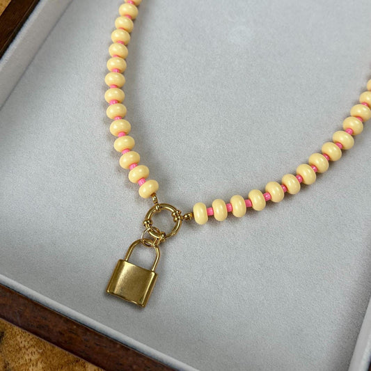 Yellow Pink Beaded Necklace with Padlock Charm