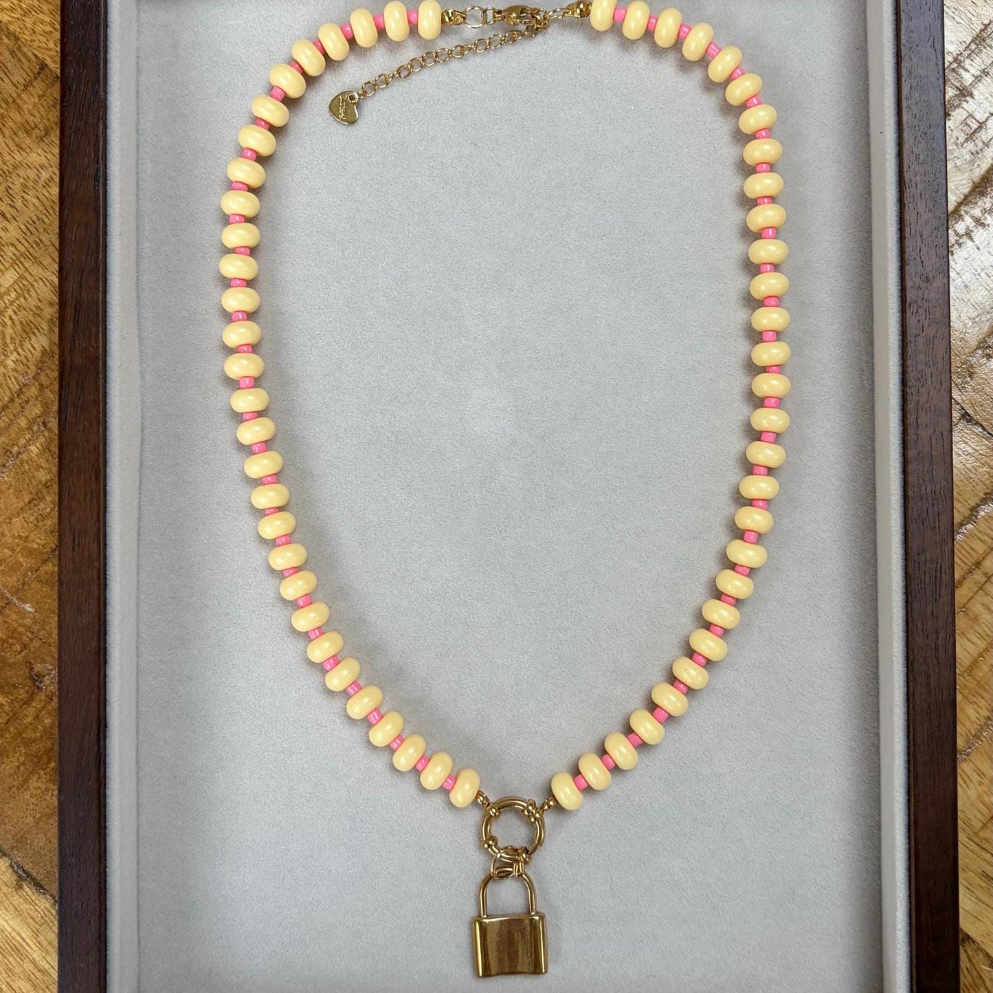 Yellow Pink Beaded Necklace with Padlock Charm