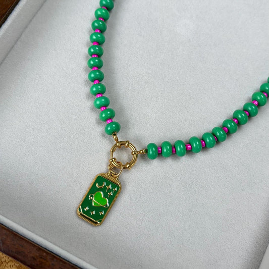 Green Pink Beaded Necklace with Moon Stars Charm