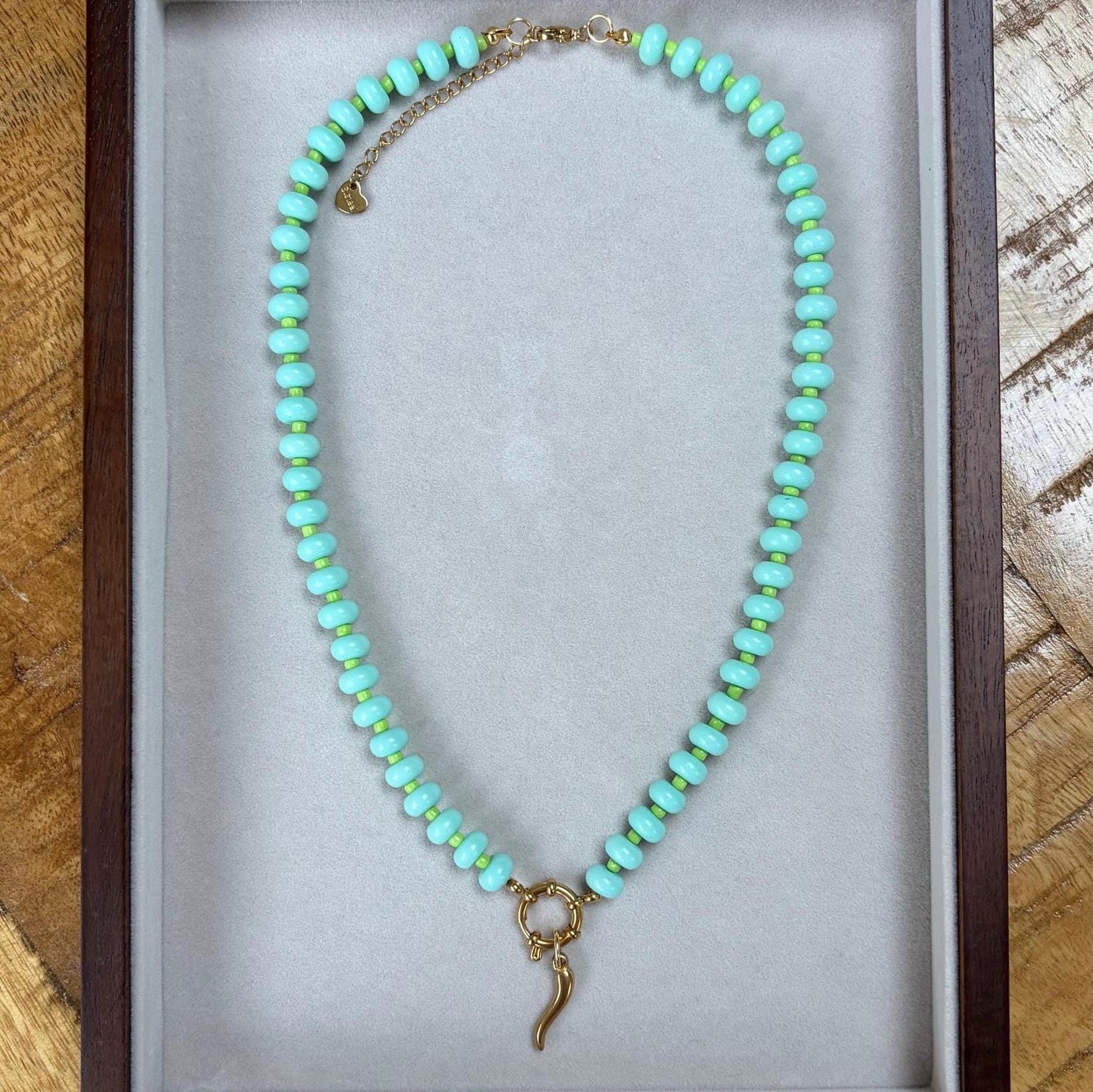 Blue Green Beaded Necklace with Gold Chilli Charm