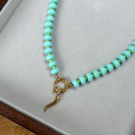 Blue Green Beaded Necklace with Gold Chilli Charm