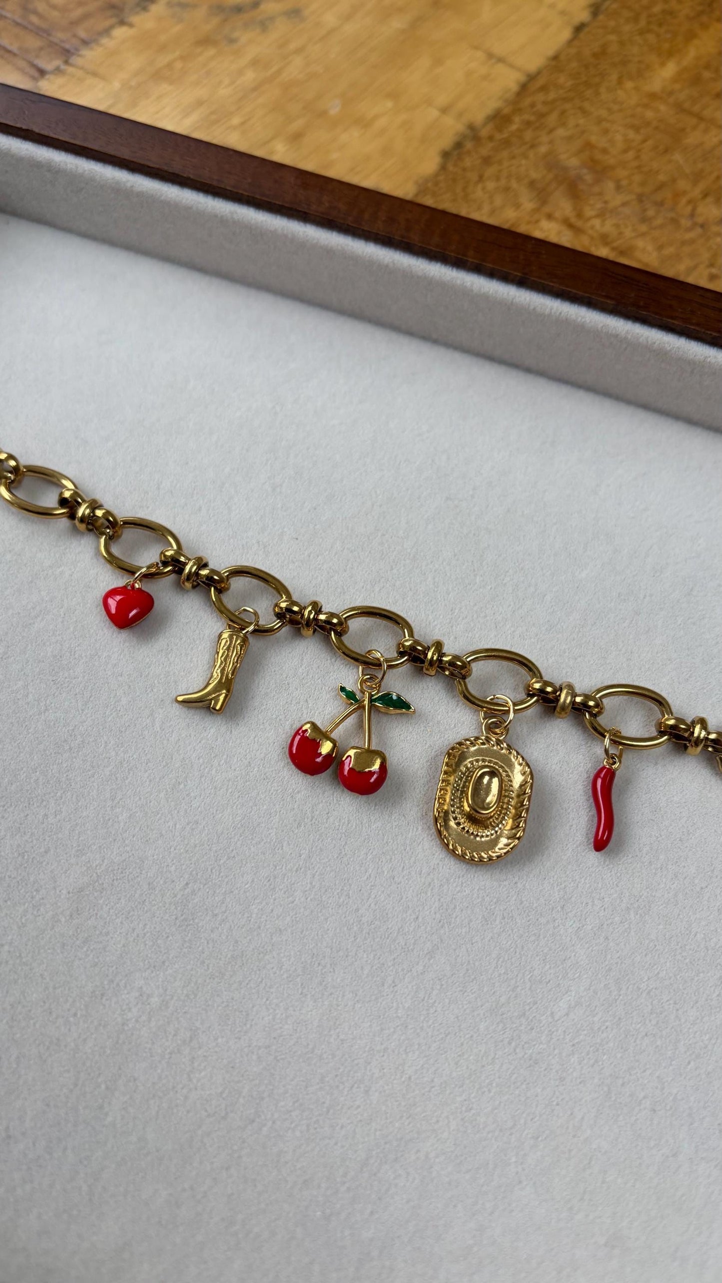 Gold Charm Bracelet with Cherry, Cowboy Hat, Boot Charms
