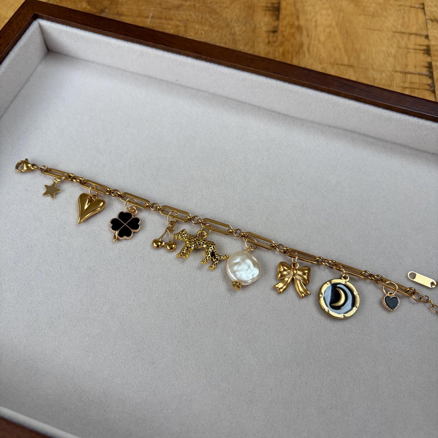 Black Leopard and Pearl Gold Charm Bracelet