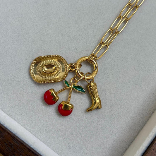 Gold Cherry Cowboy Boot Hat Charm Necklace