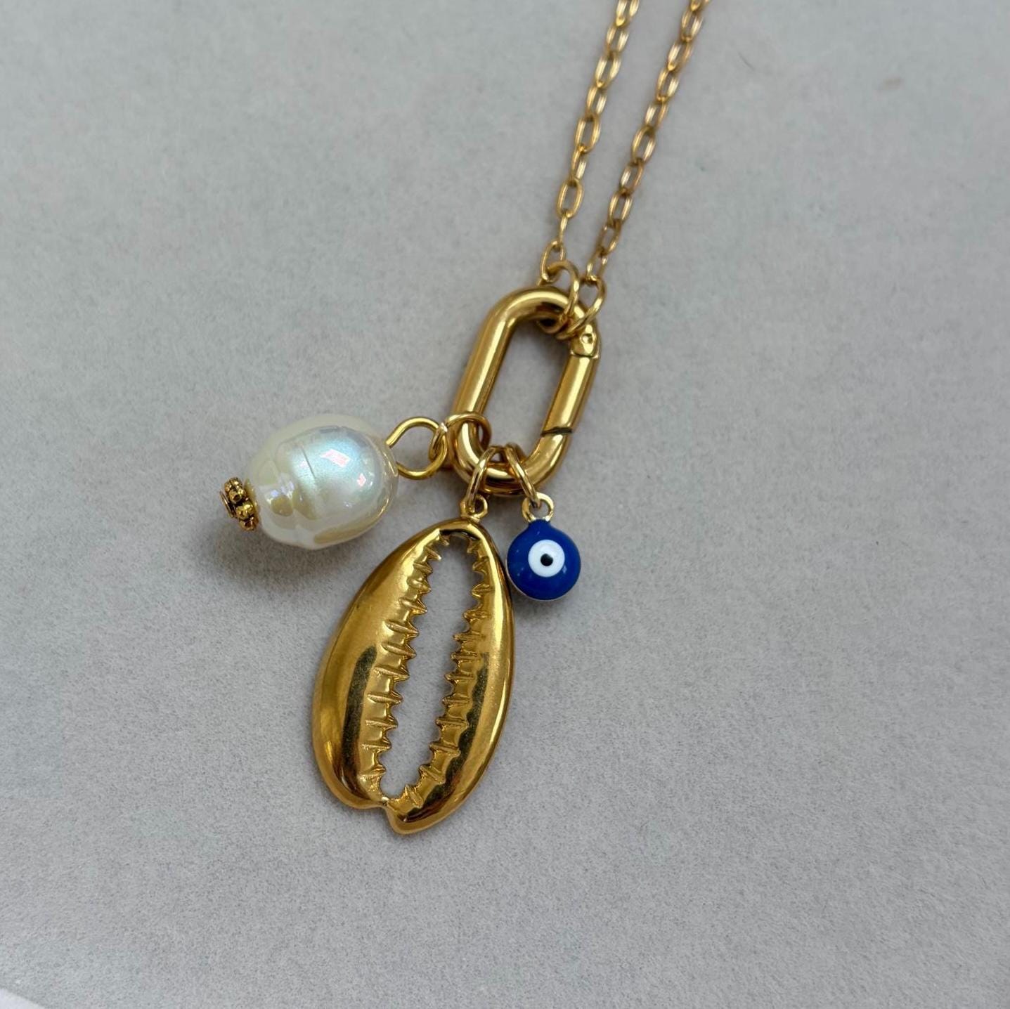 Gold Pearl Seashell Evil Eye Charm Necklace