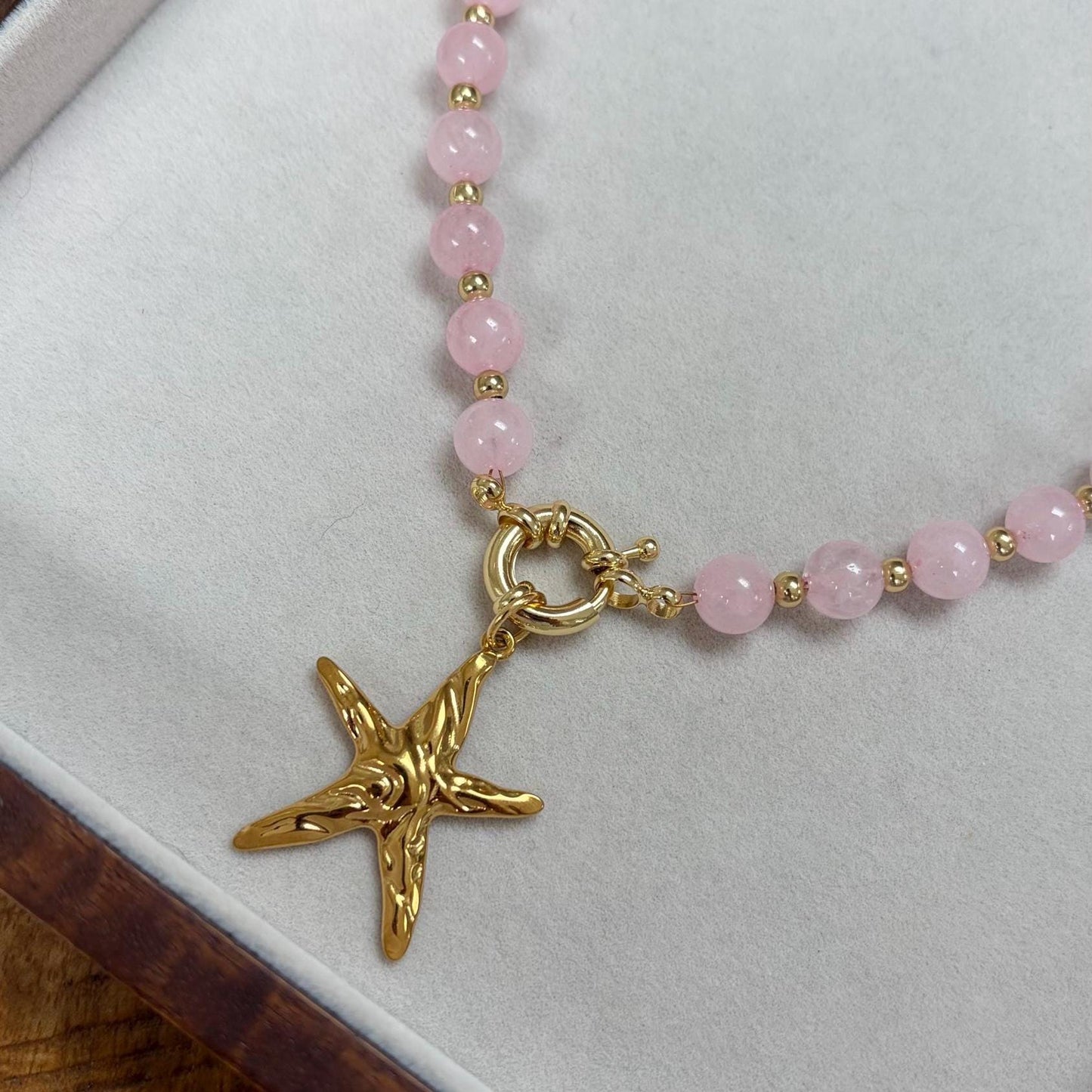 Pink Glass Beaded Necklace with Gold Starfish Charm