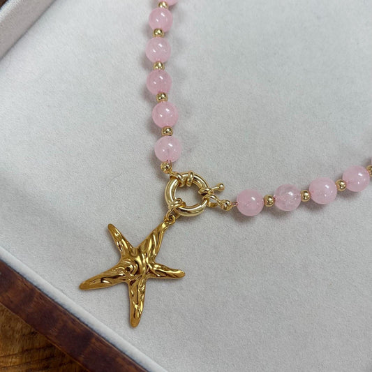 Pink Glass Beaded Necklace with Gold Starfish Charm