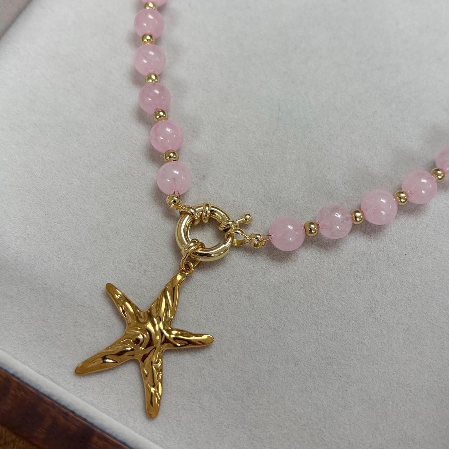 Pink Glass Beaded Necklace with Gold Starfish Charm