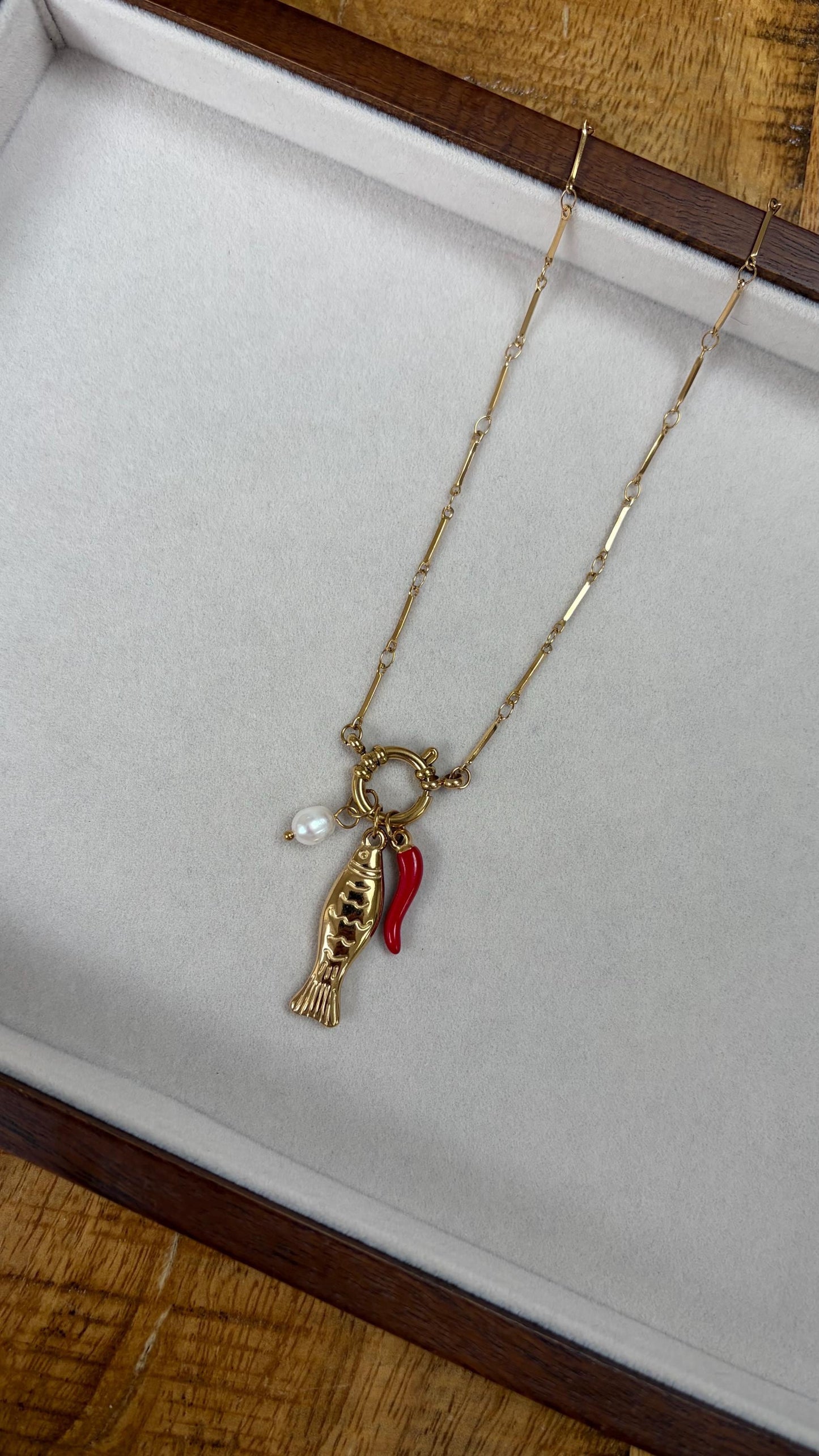 Gold Charm Necklace, Fish, Chilli, Faux Pearl