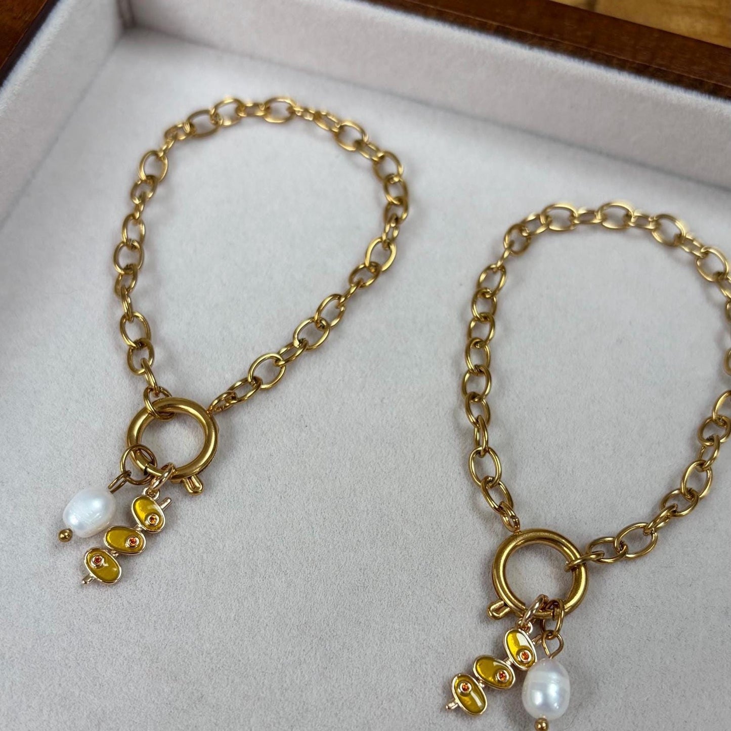 Gold Charm Bracelet with Olive & Pearl