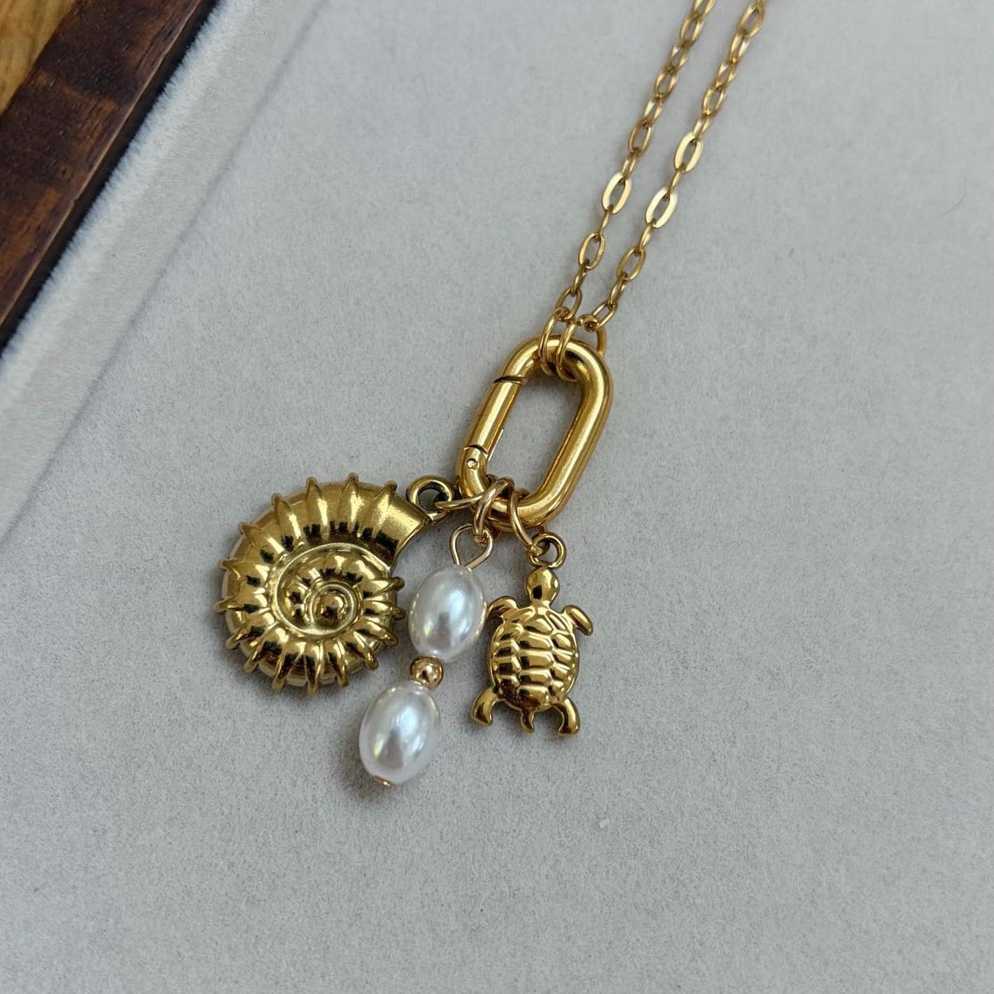 Gold Pearl Seashell Turtle Charm Necklace