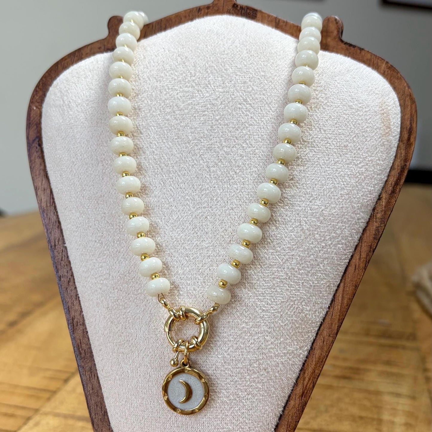 White Glass Gemstone Necklace with Gold Moon Charm