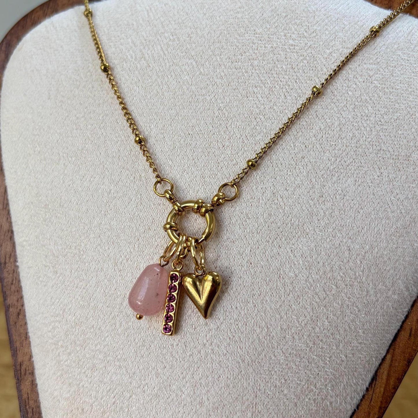 Handmade Pink Gemstone Heart Charm Necklace