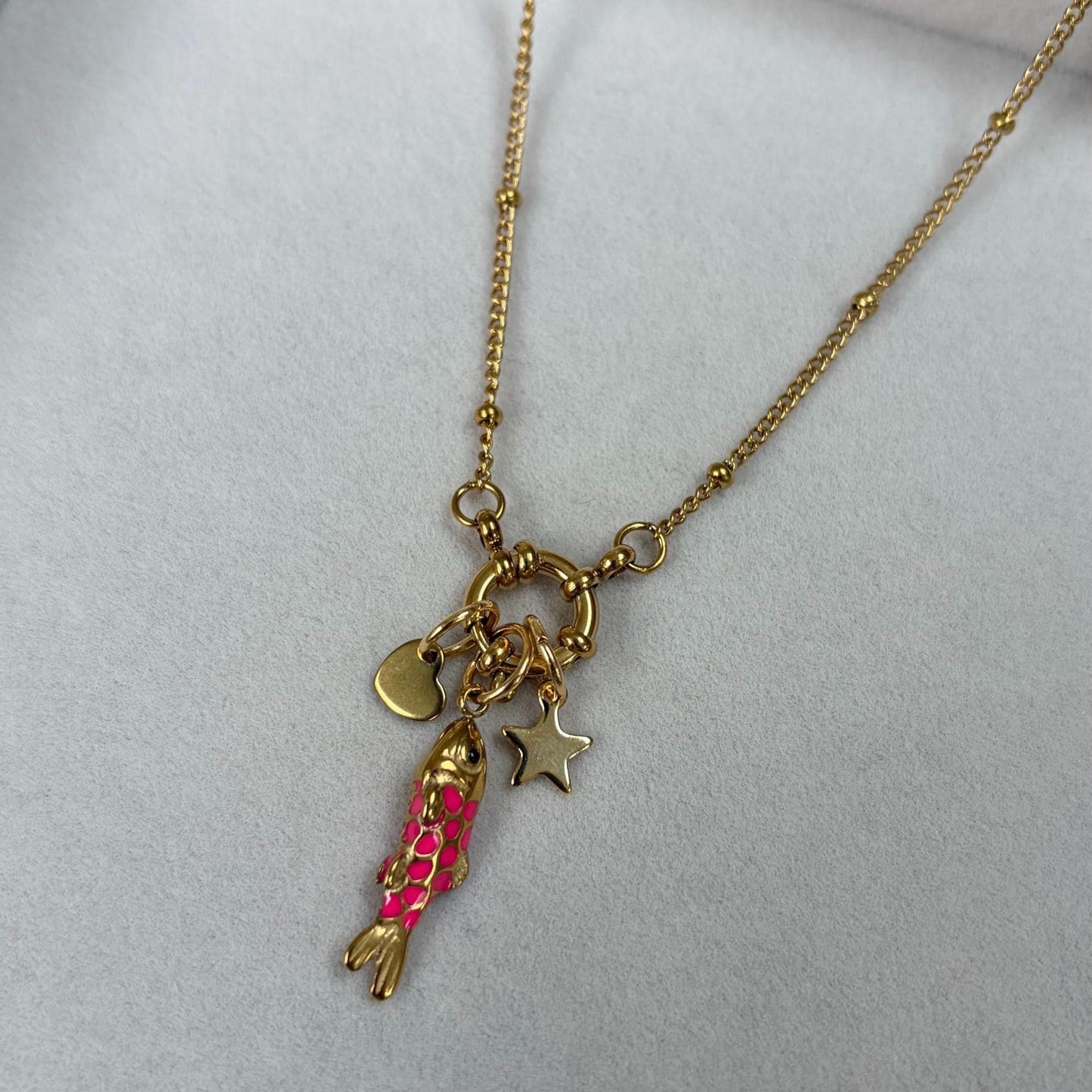 Pink Fish Star Heart Gold Necklace