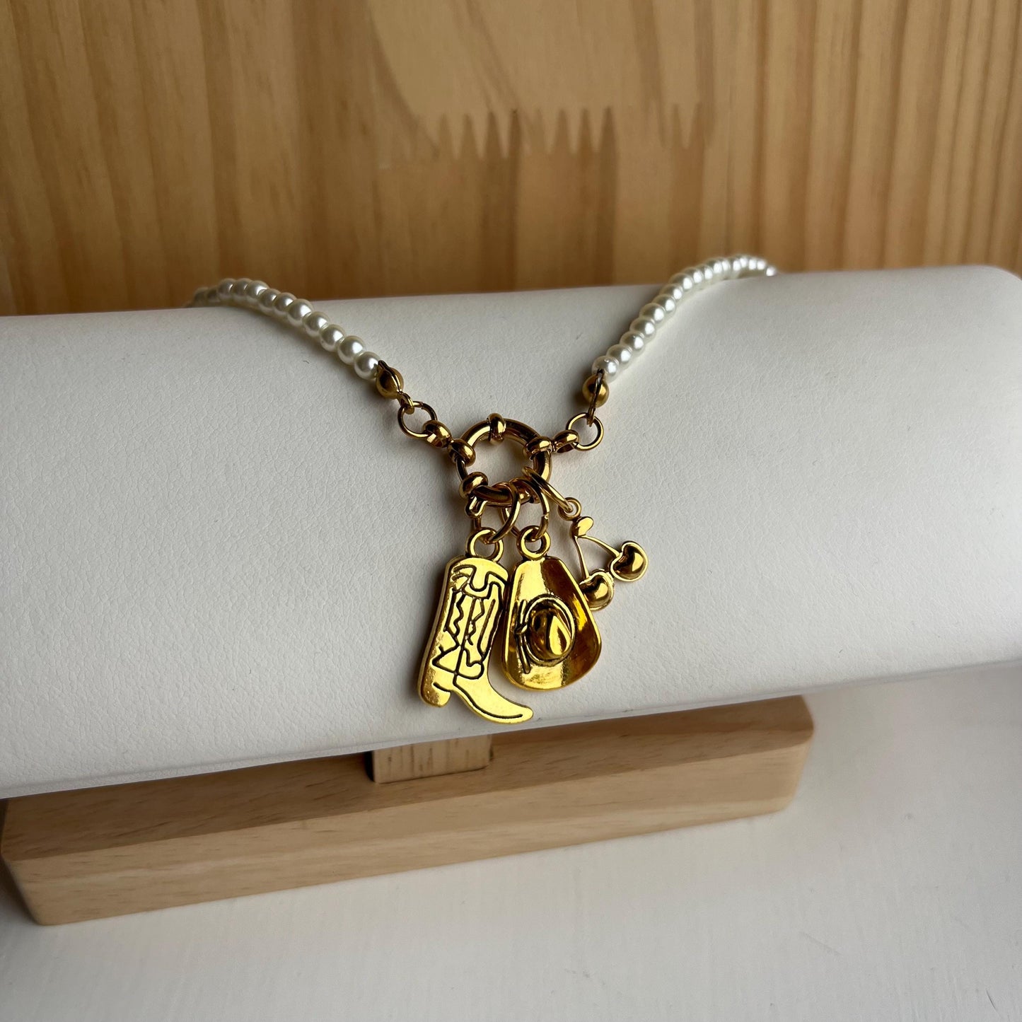 Pearl Cherries Cowboy Charm Necklace