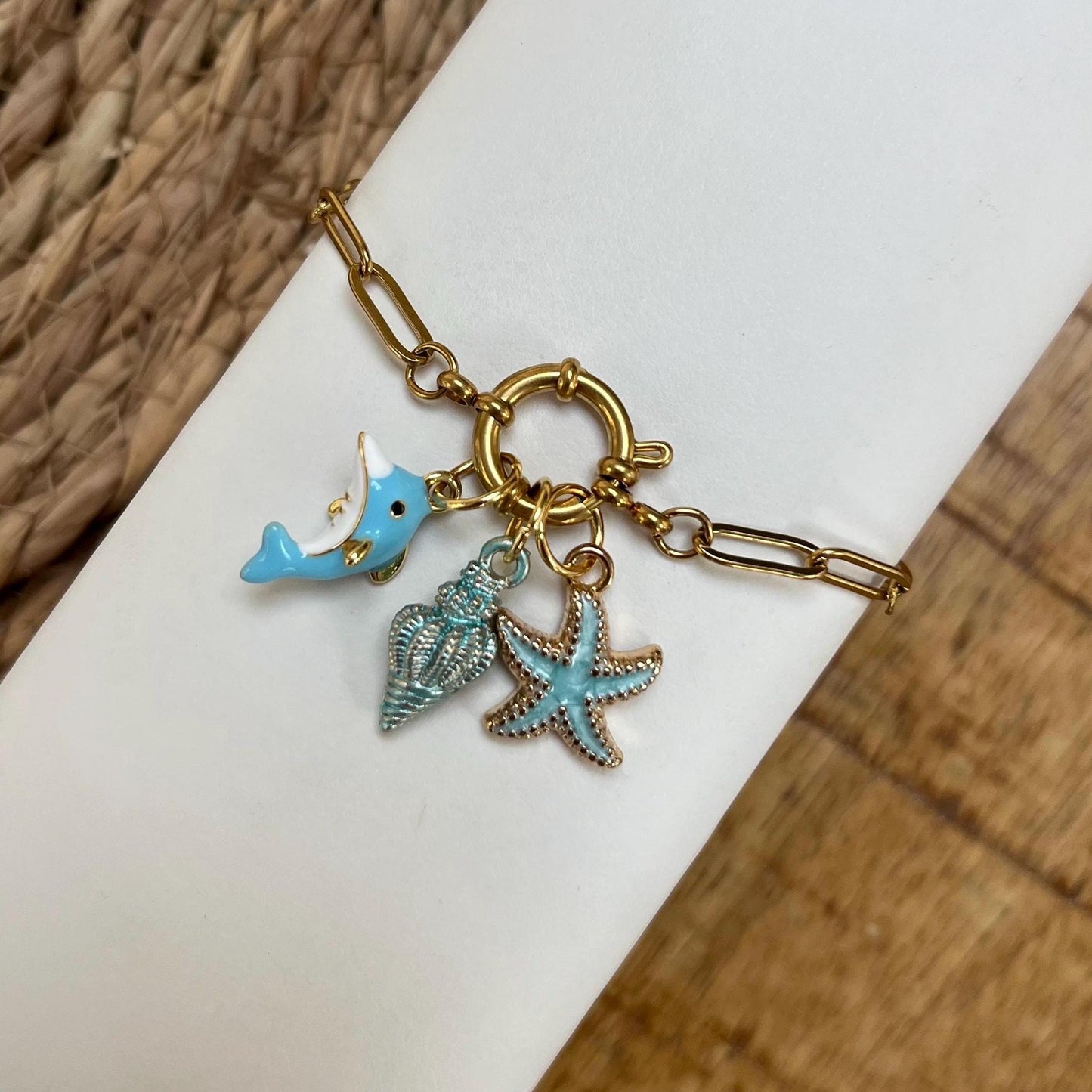Gold Dolphin Seashell Starfish Charm Bracelet
