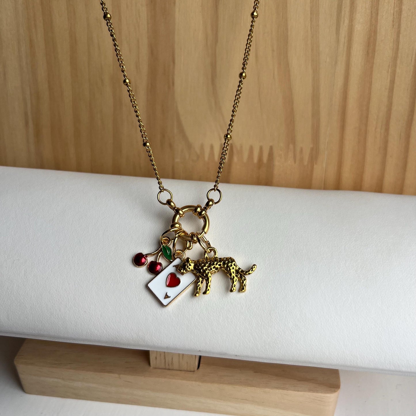Gold Charm Necklace with Leopard, Card, Cherry Charms