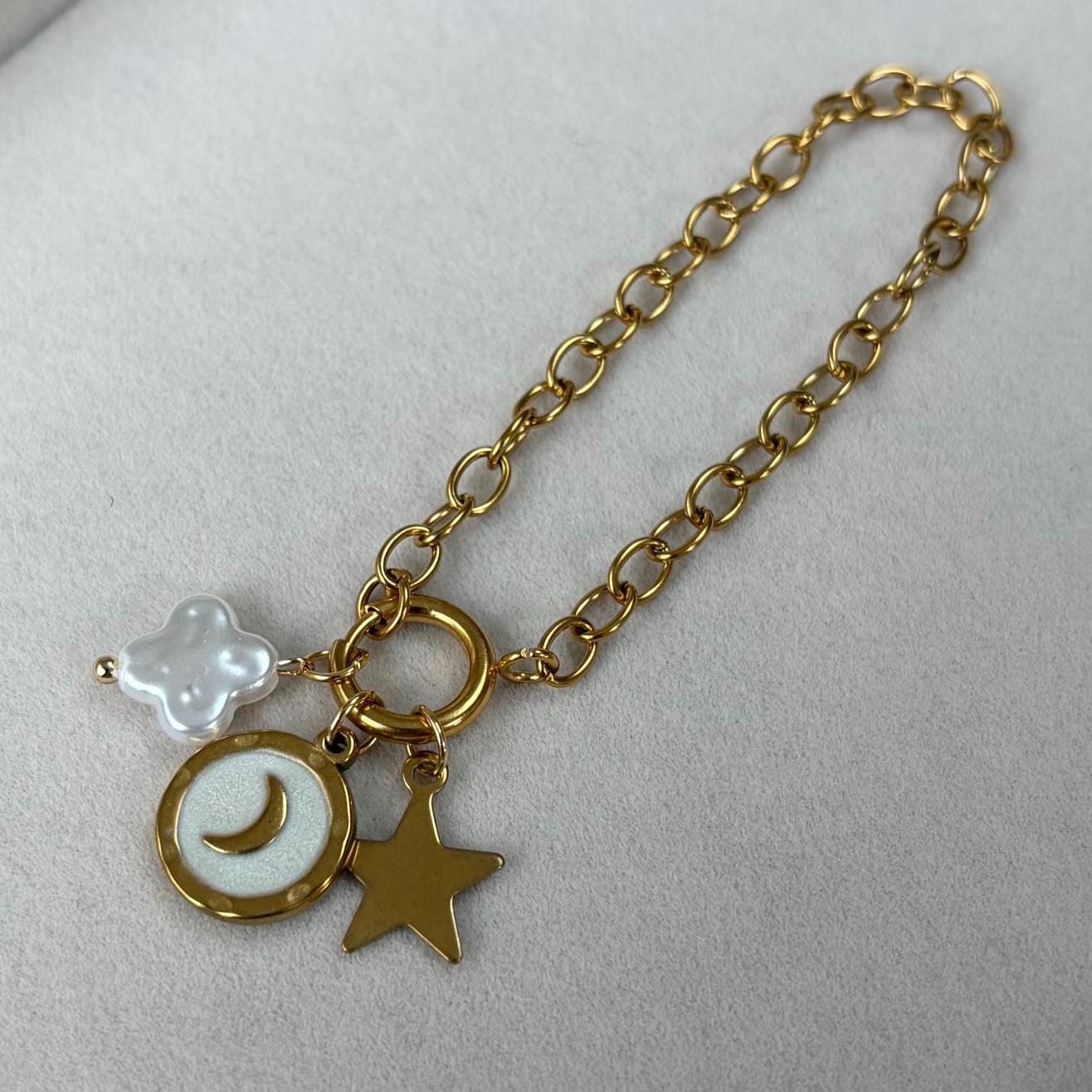 Pearl Clover Moon Star Charm Bracelet, Gold Celestial Jewellery