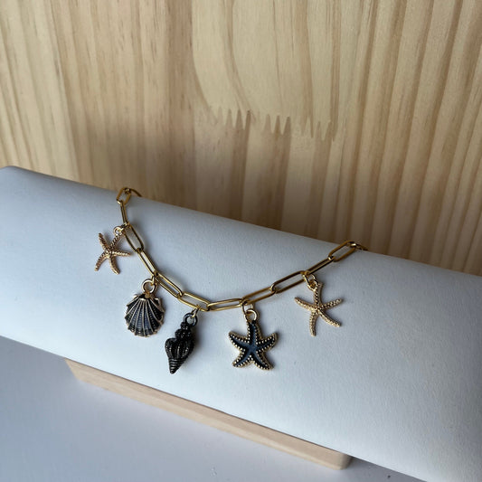 Black Seaside Charm Bracelet with Seashells and Starfish