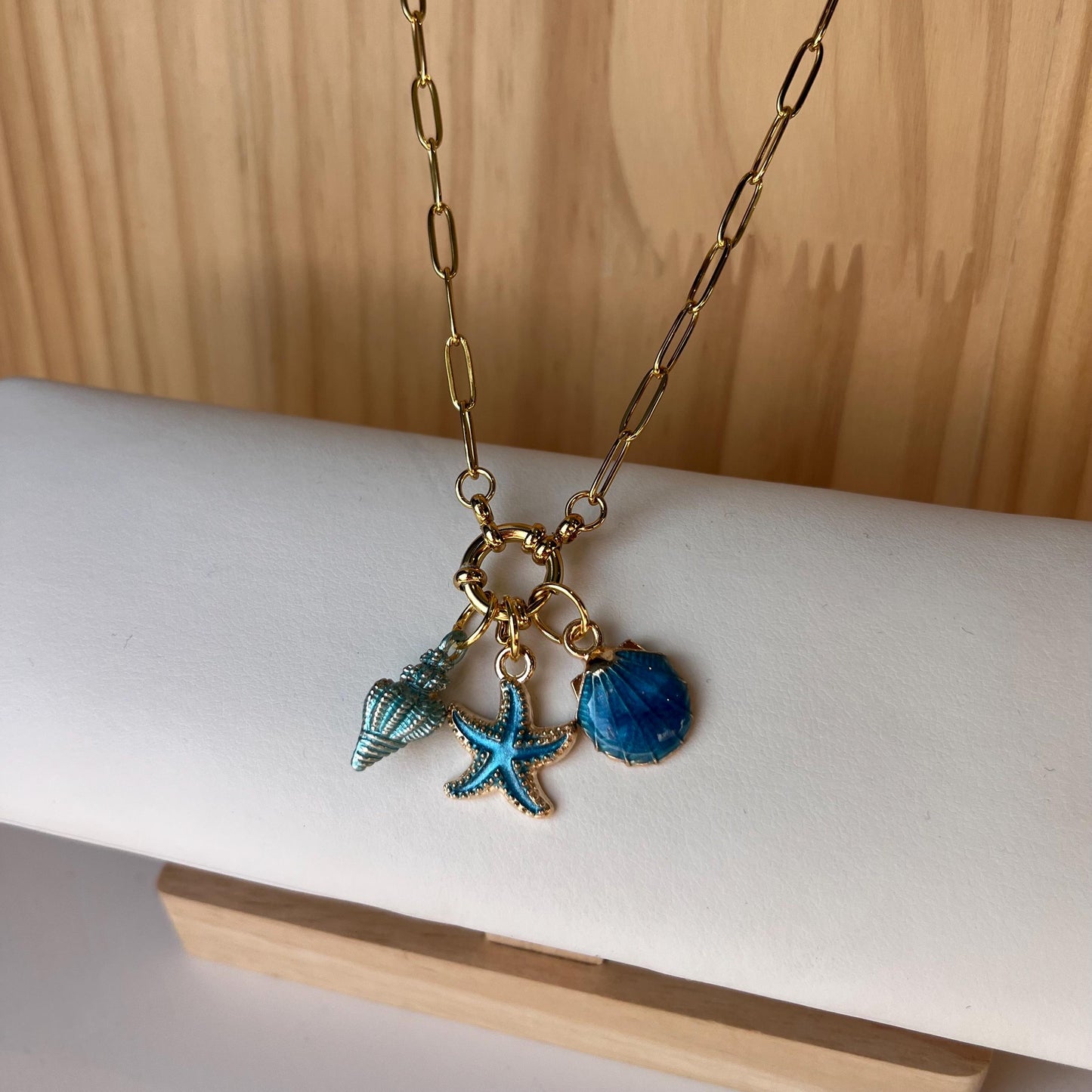 Gold Paperclip Necklace with Seashells and Starfish Charms