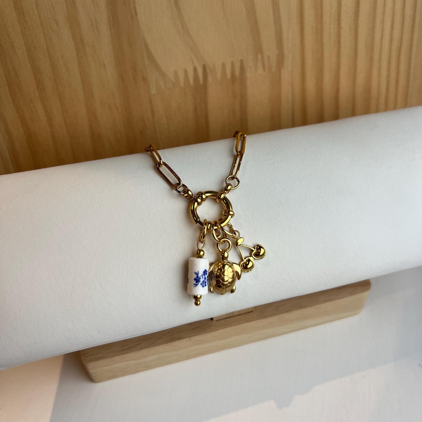 Gold Turtle Cherry Charm Bracelet