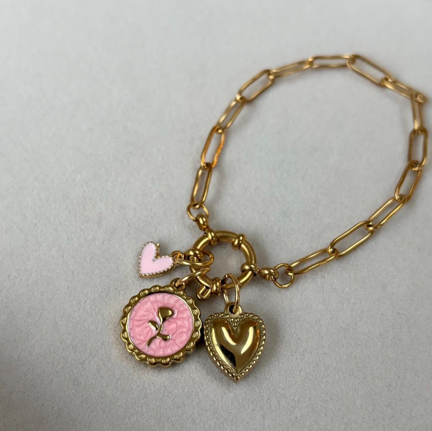 Gold Charm Bracelet with Pink Rose and Hearts