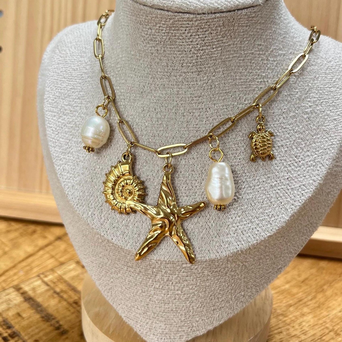 Gold Pearl Seashell Starfish Turtle Charm Necklace