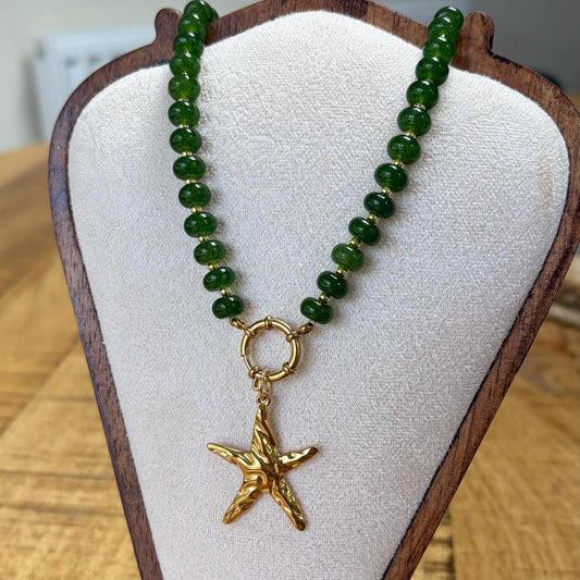 Green Glass Beaded Necklace with Gold Starfish Charm