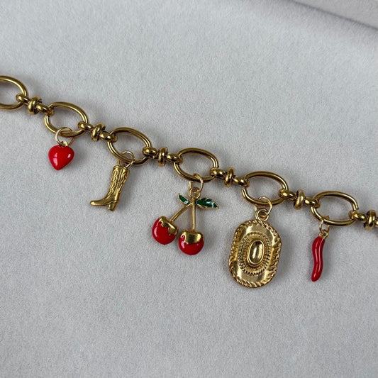 Gold Charm Bracelet with Cherry, Cowboy Hat, Boot Charms