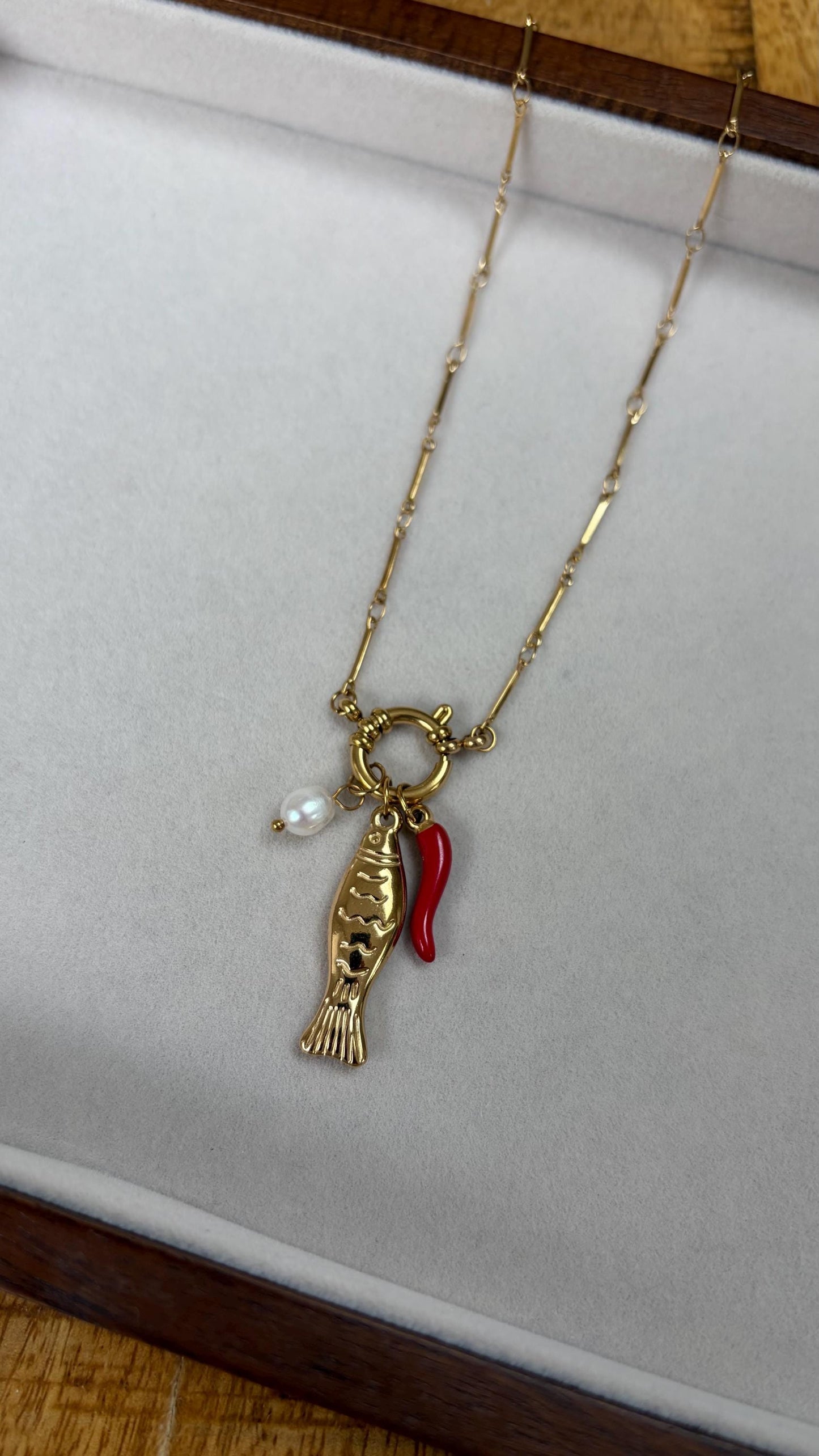 Gold Charm Necklace, Fish, Chilli, Faux Pearl