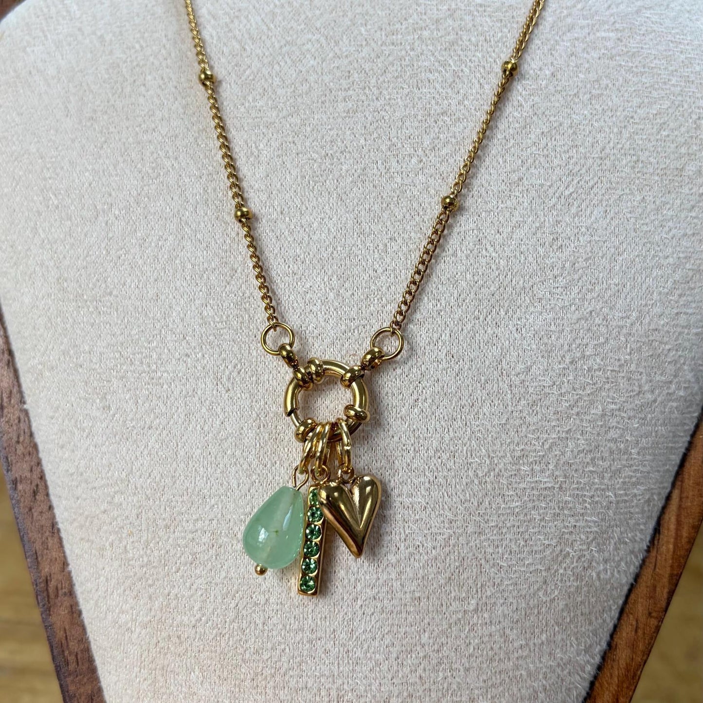 Green Gemstone Heart Charm Necklace