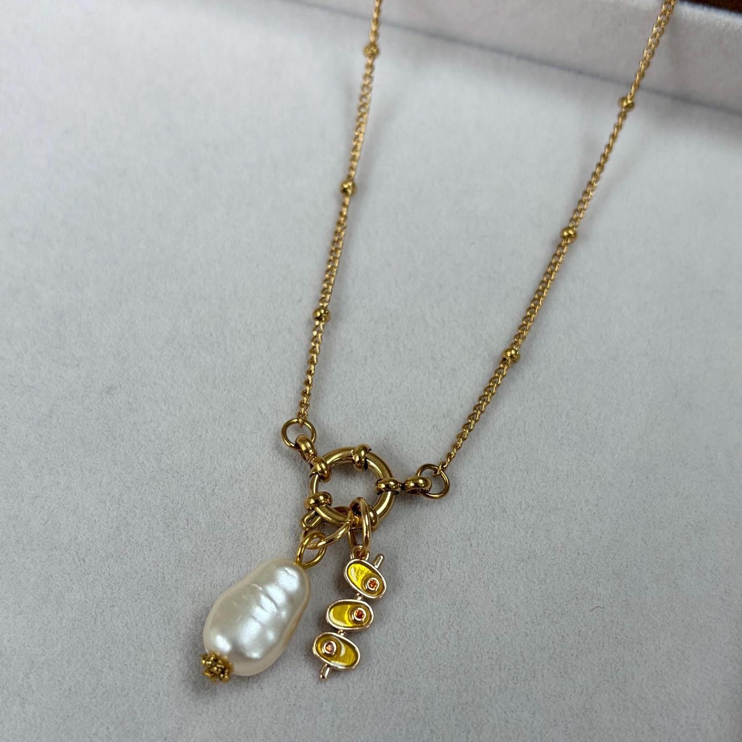 Gold-Plated Pearl and Olive Charm Necklace