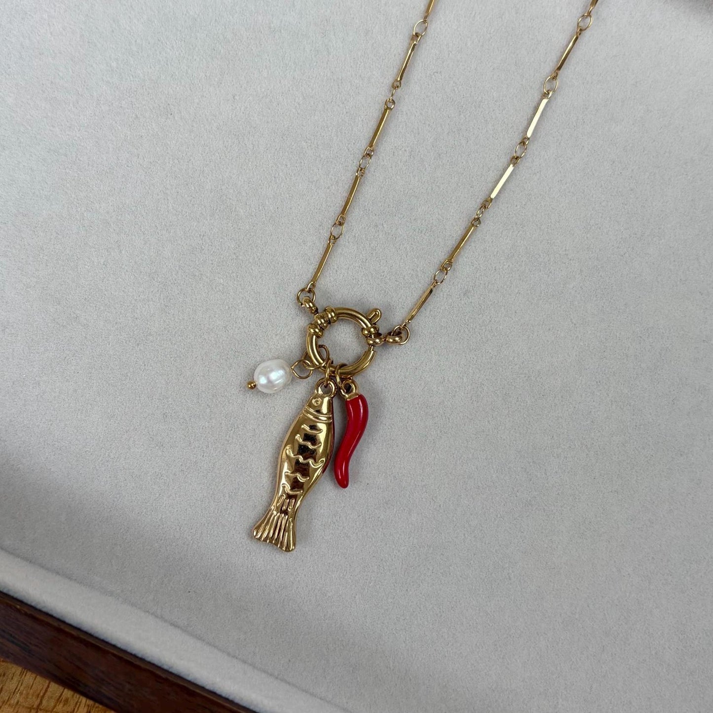 Gold Charm Necklace, Fish, Chilli, Faux Pearl