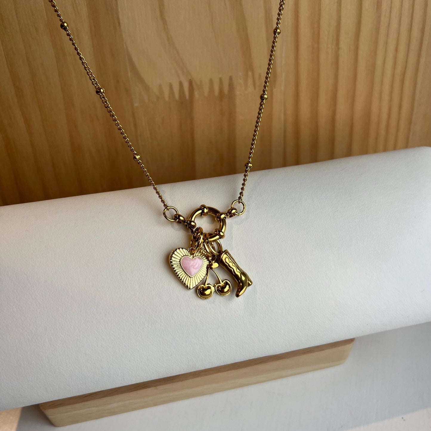 Gold Dainty Necklace with Heart, Cherries, Cowboy Boot Charms