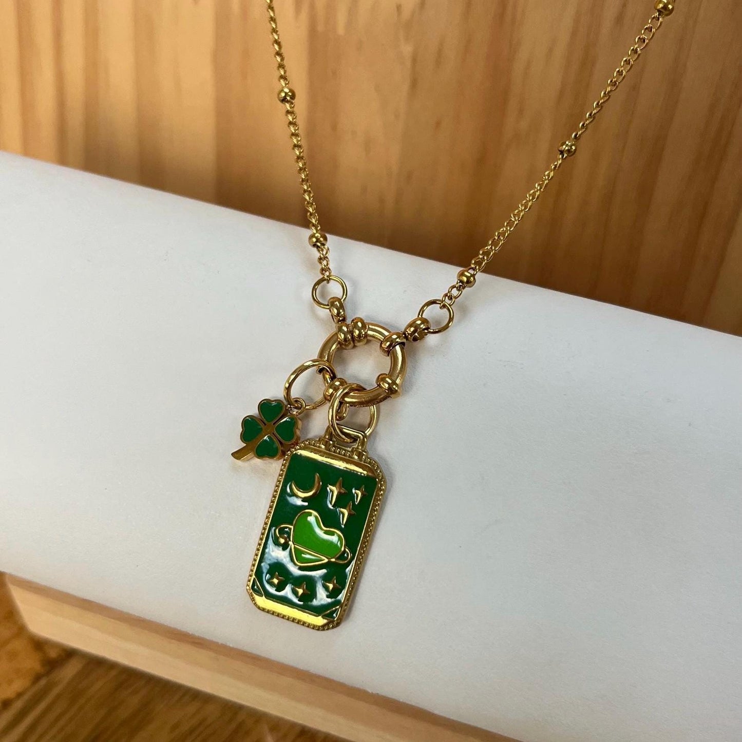 Green Clover Tarot Card Dainty Necklace