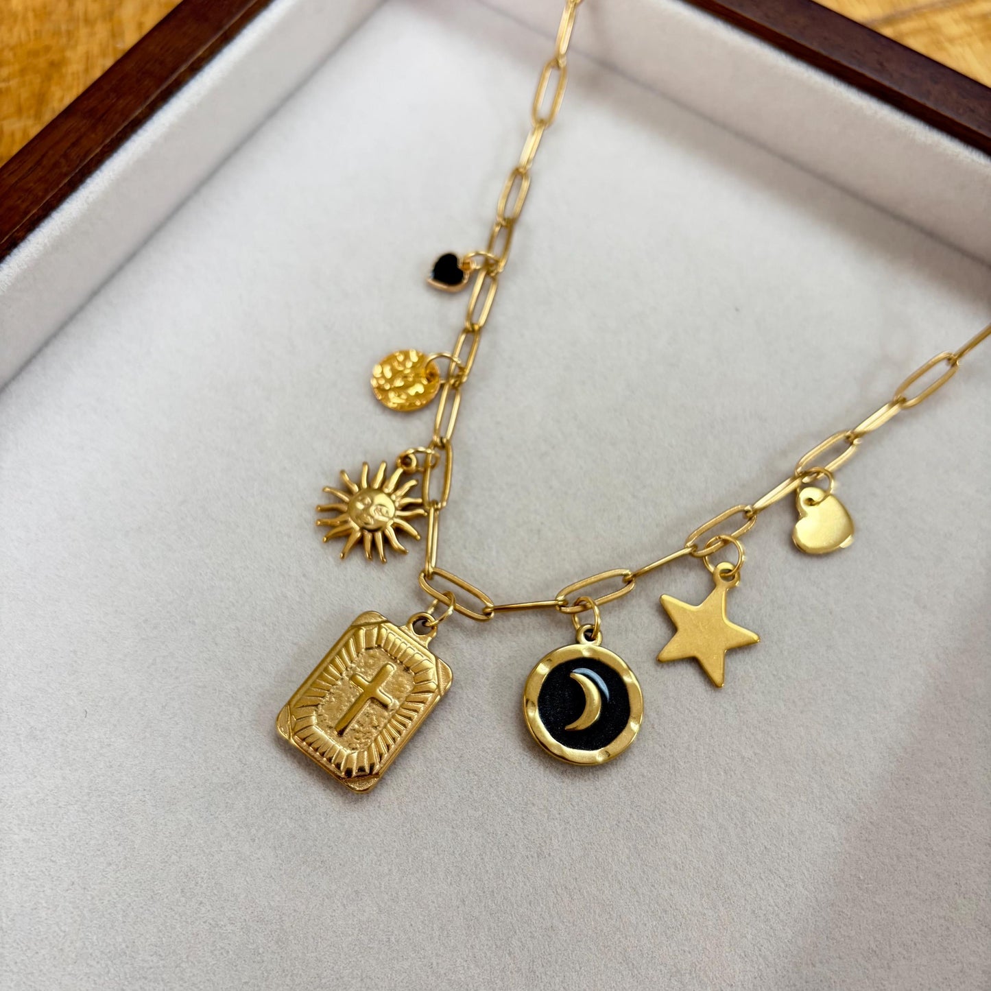 Gold Charm Necklace, Celestial Moon Star Cross Heart, Paperclip Chain