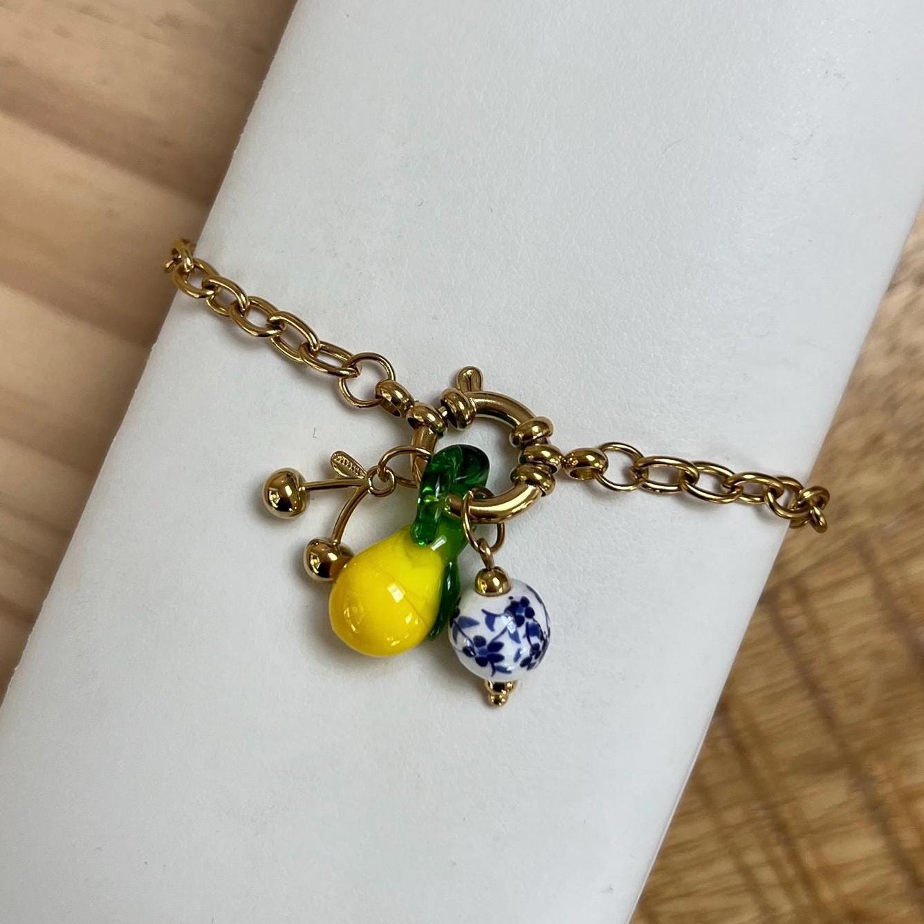 Gold-Plated Stainless Steel Cherry Lemon Charm Bracelet