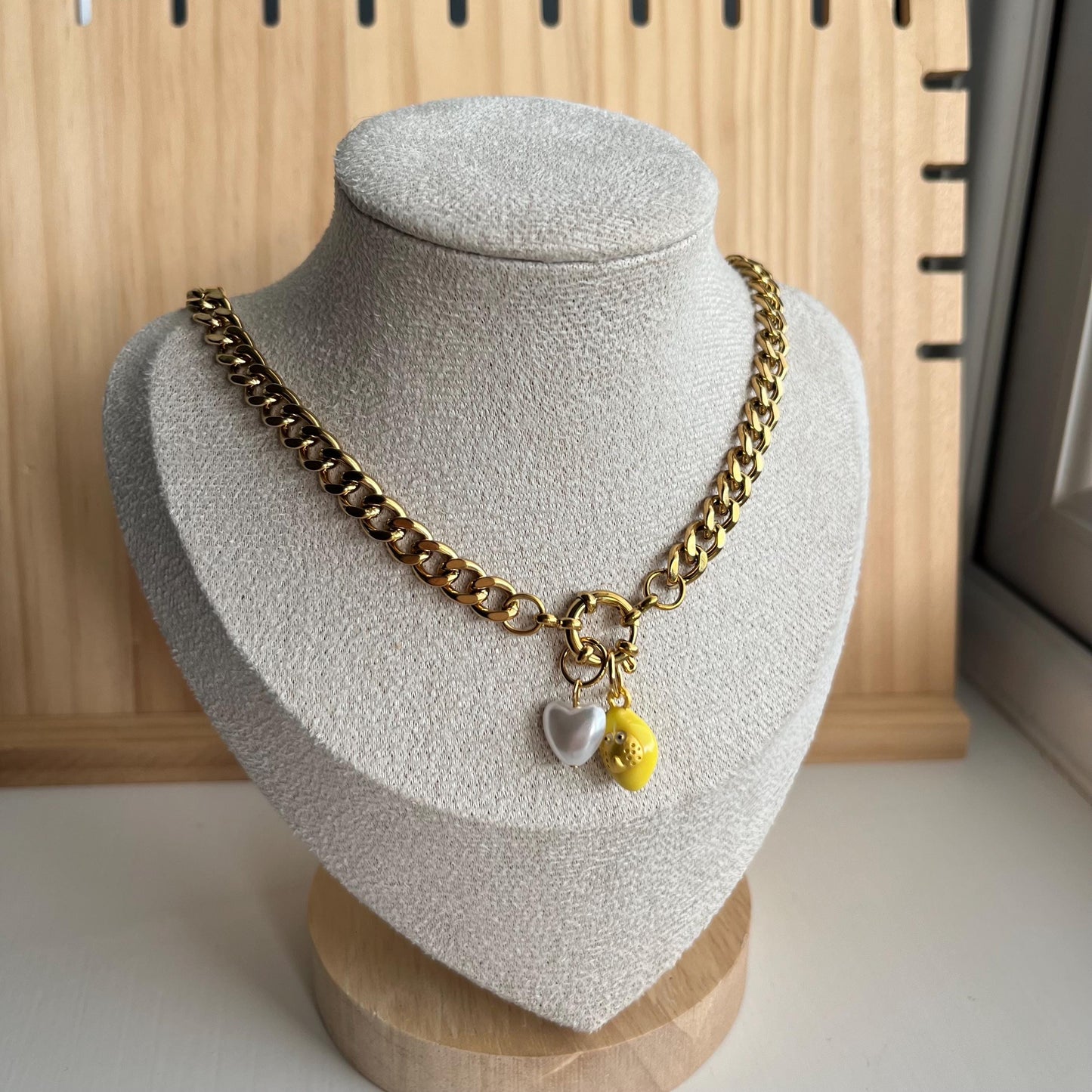 Gold Chunky Charm Necklace with Lemon and Pearl Hearts